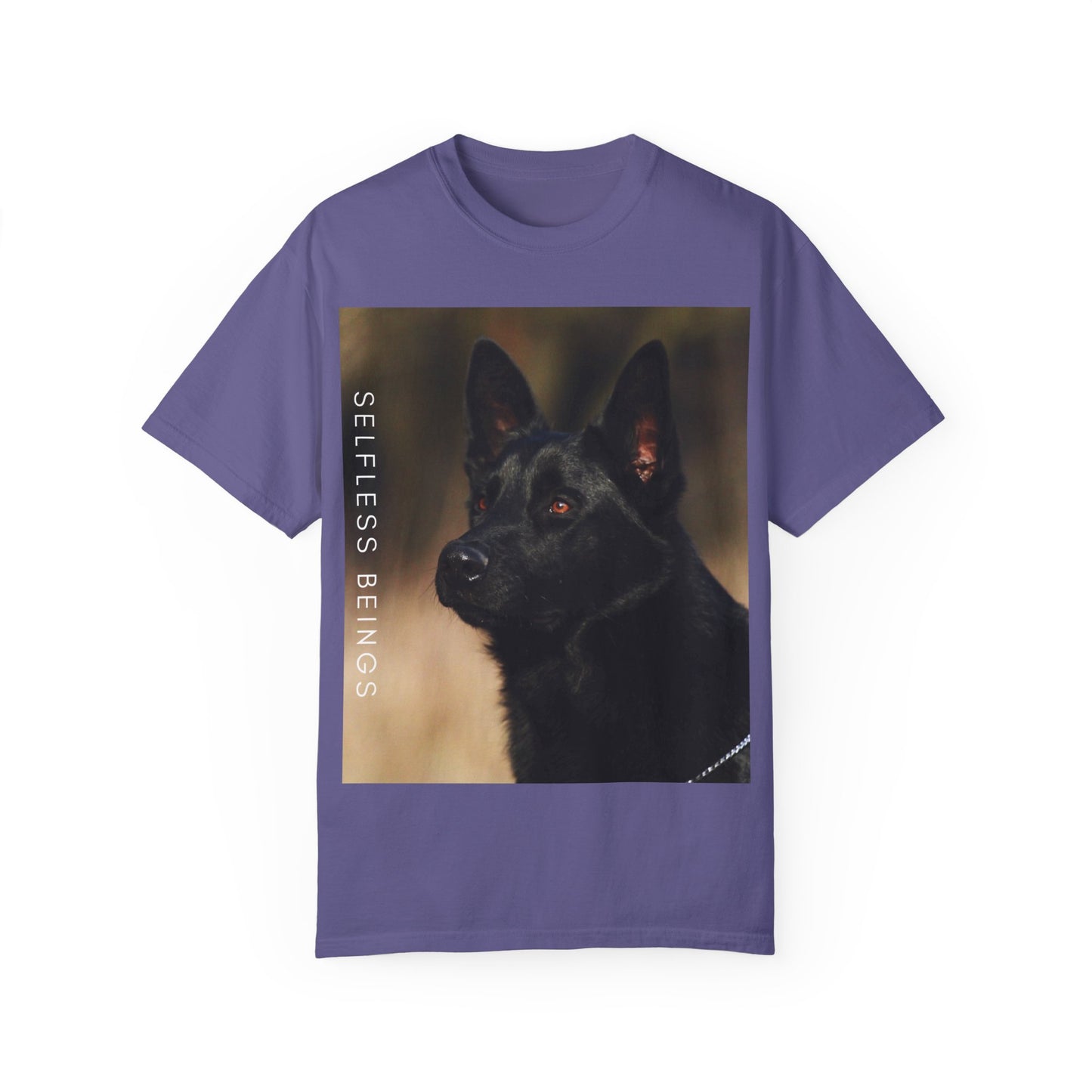 Unisex Dog Lover T-Shirt With Close Up of Serious Looking Solid Black German Shepherd and Caption Selfless Beings