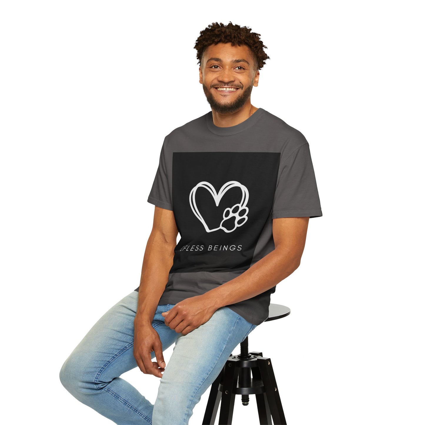 Unisex Dog Lover T-Shirt With White Heart and Dog's Paw Print on Right Side and Caption Selfless Beings