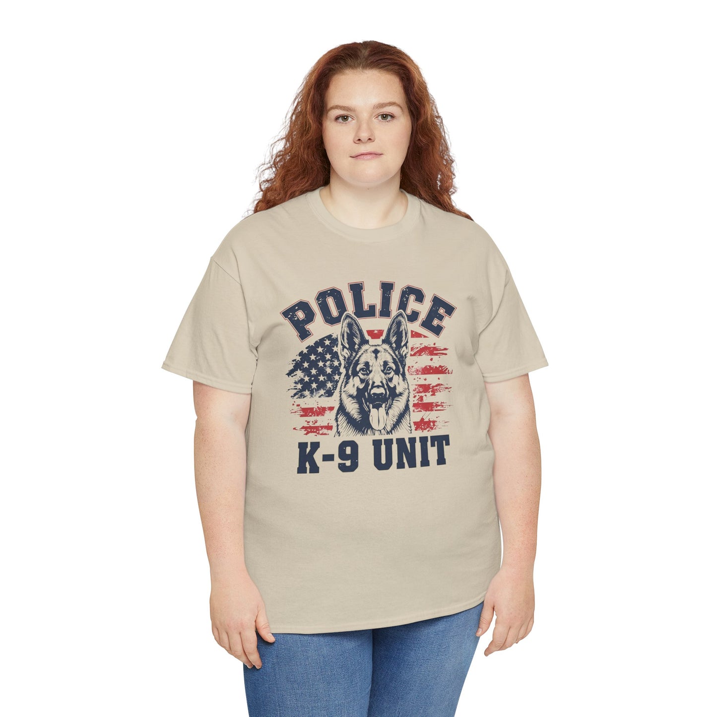 Patriotic Police K-9 Unit T-Shirt With American Flag in Background, Unisex Heavy Cotton Tee