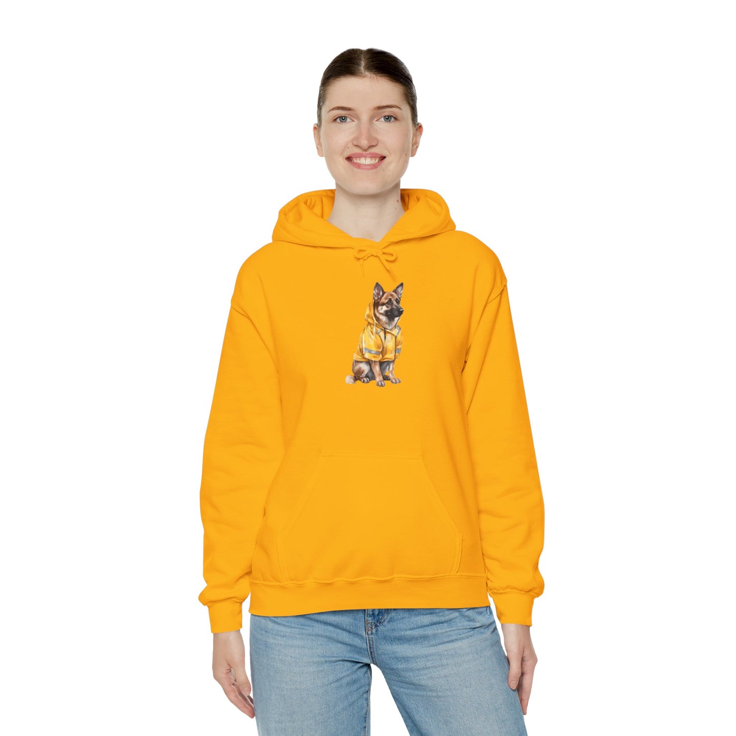 Unisex Dog Lover Hoodie With a Graphic of German Shepherd Wearing a Yellow Rain Coat