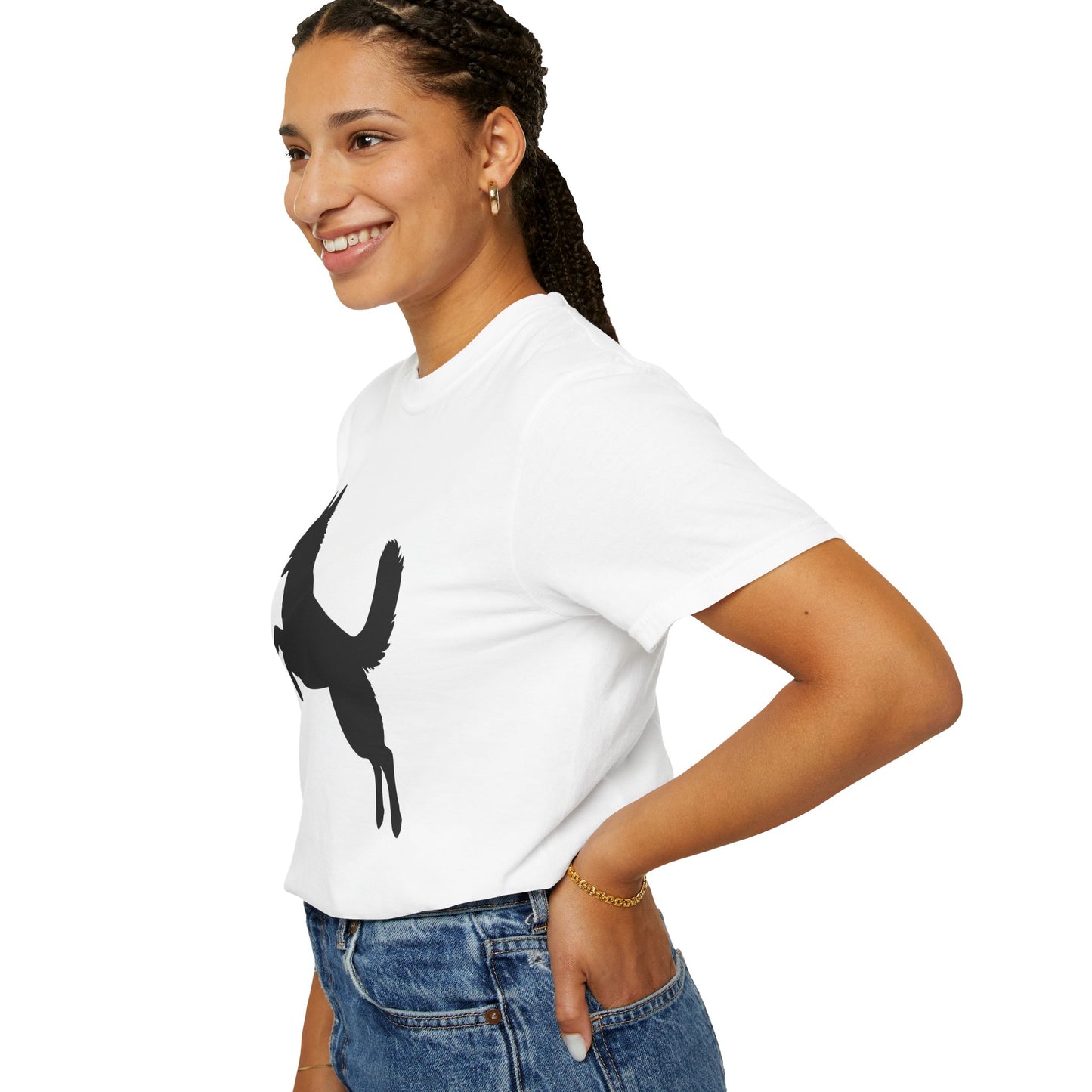 Unisex Dog Lover T-Shirt With a Graphic of Solid Black German Shepherd Jumping in the Air