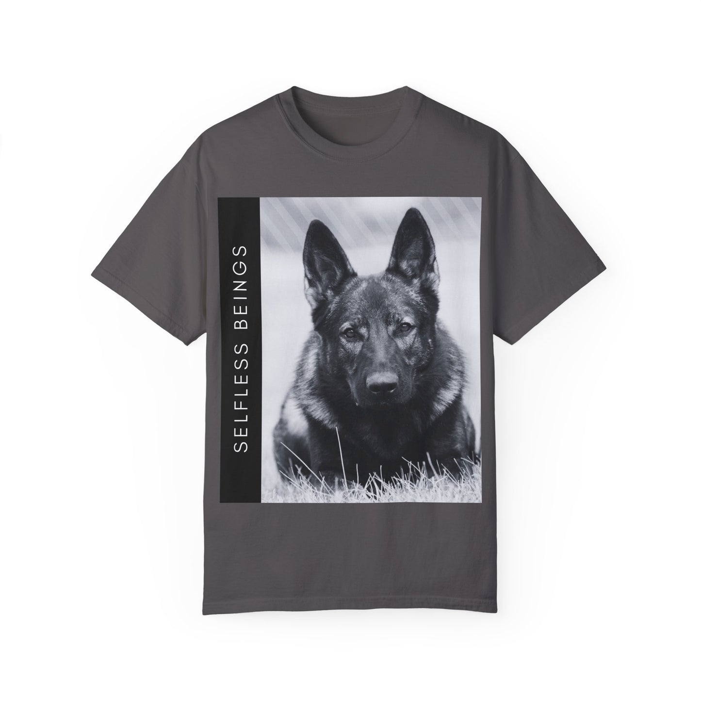 Unisex Dog Lover T-Shirt With a Working Line German Shepherd Resting on the Grass and Caption Selfless Beings