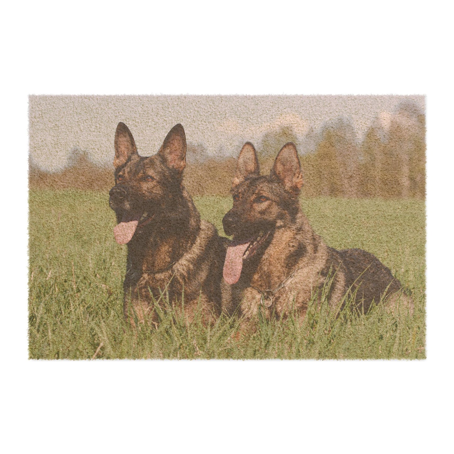 Dog Doormat Featuring Two Giant Working Line German Shepherds Sitting on the Grass