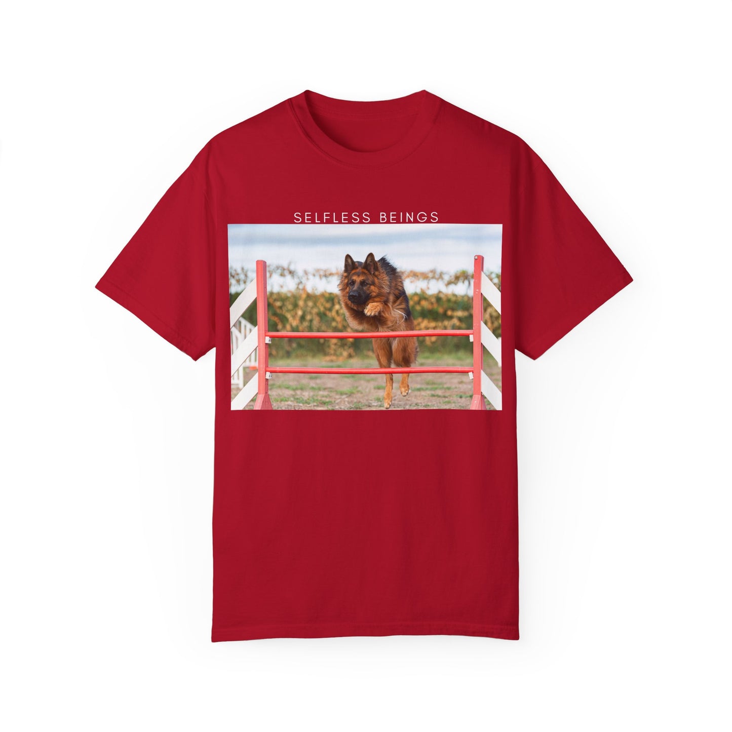 Unisex Dog Lover T-Shirt With a German Shepherd Jumping an Agility Fence Outdoor and Caption Selfless Beings