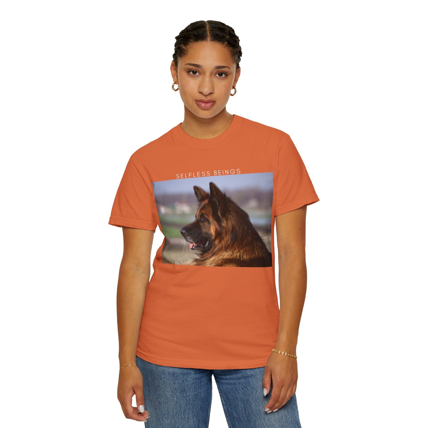 Unisex Dog Lover T-Shirt With Giant Long Coat German Shepherd Looking Straight and Caption Selfless Beings