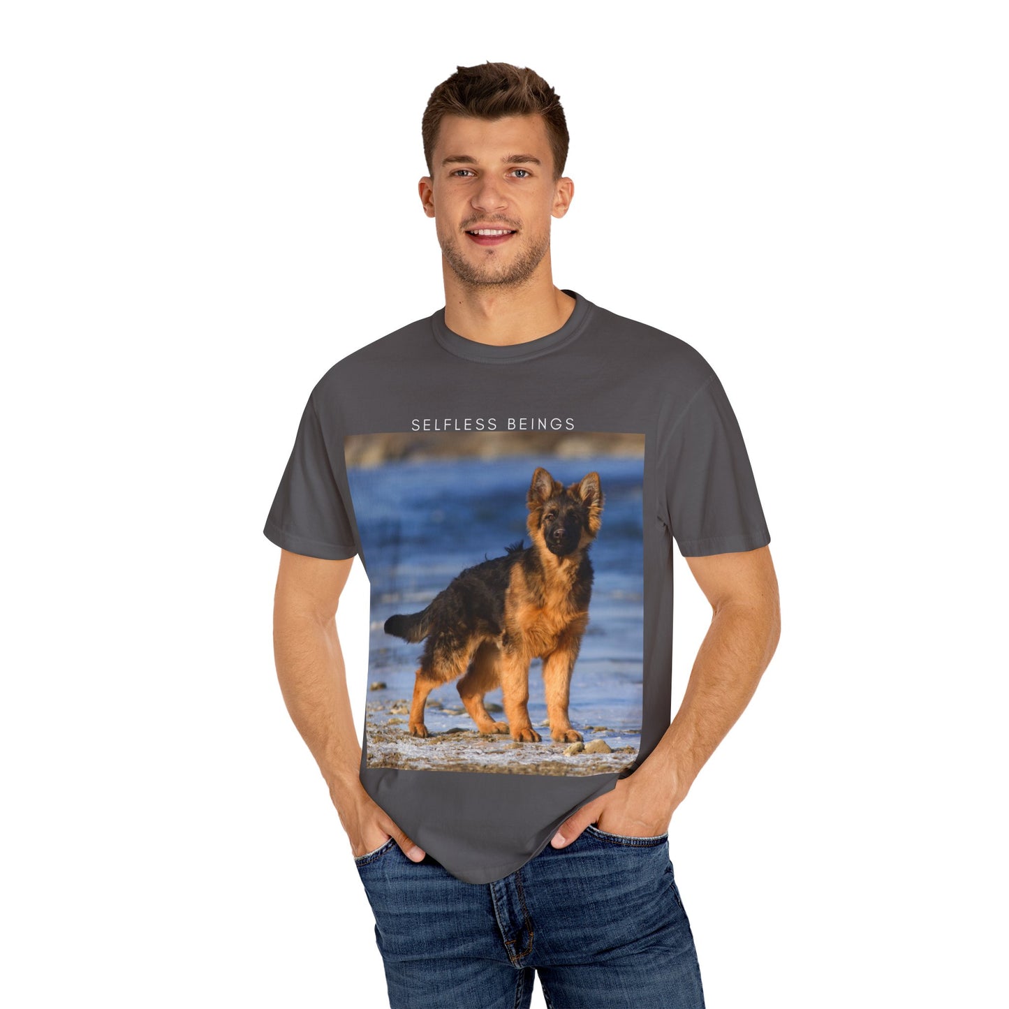 Unisex Dog Lover T-Shirt With German Shepherd Puppy Standing at the Sea Shore and Caption Selfless Beings