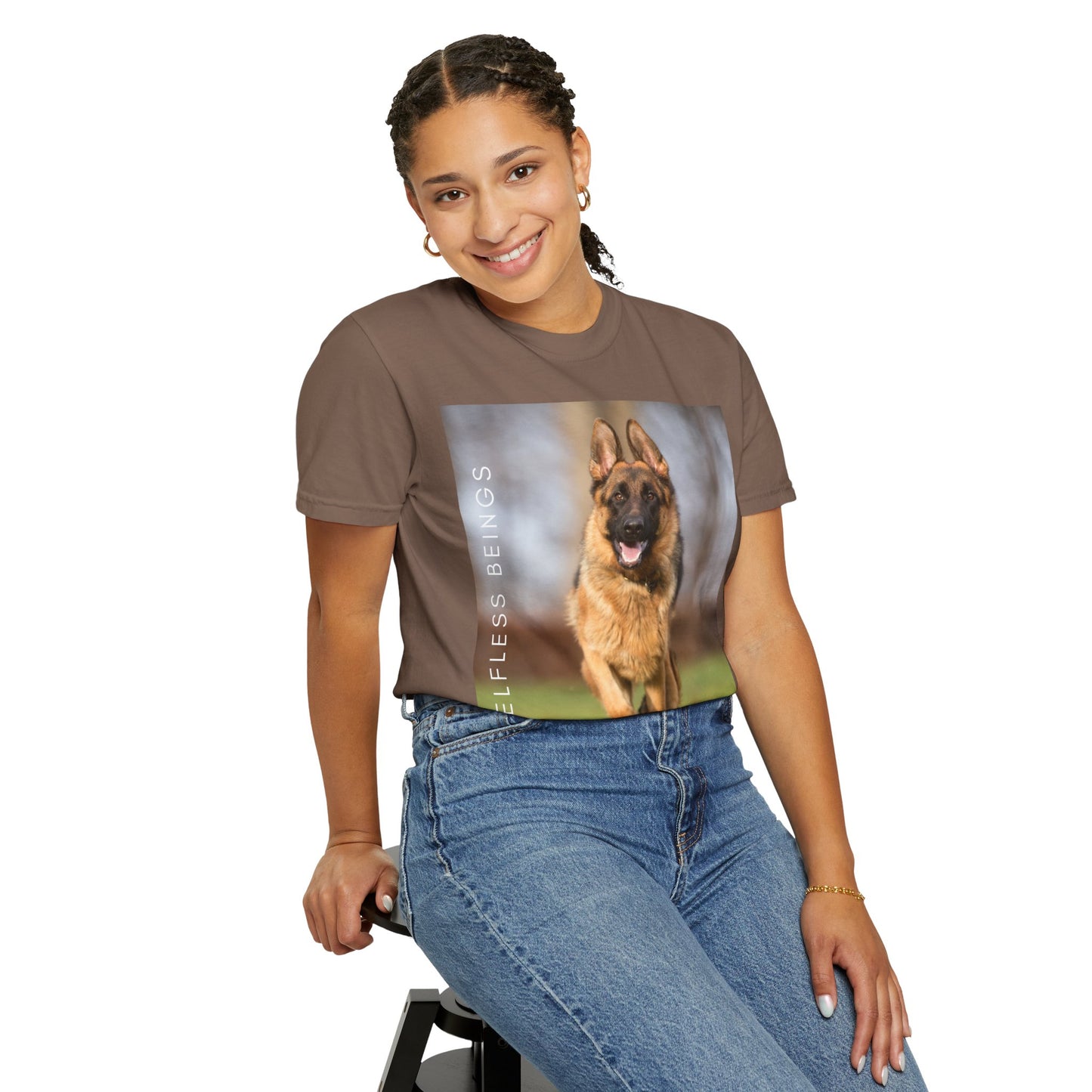 Unisex Dog Lover T-Shirt With Large German Shepherd Running on the Grass and Caption Selfless Beings