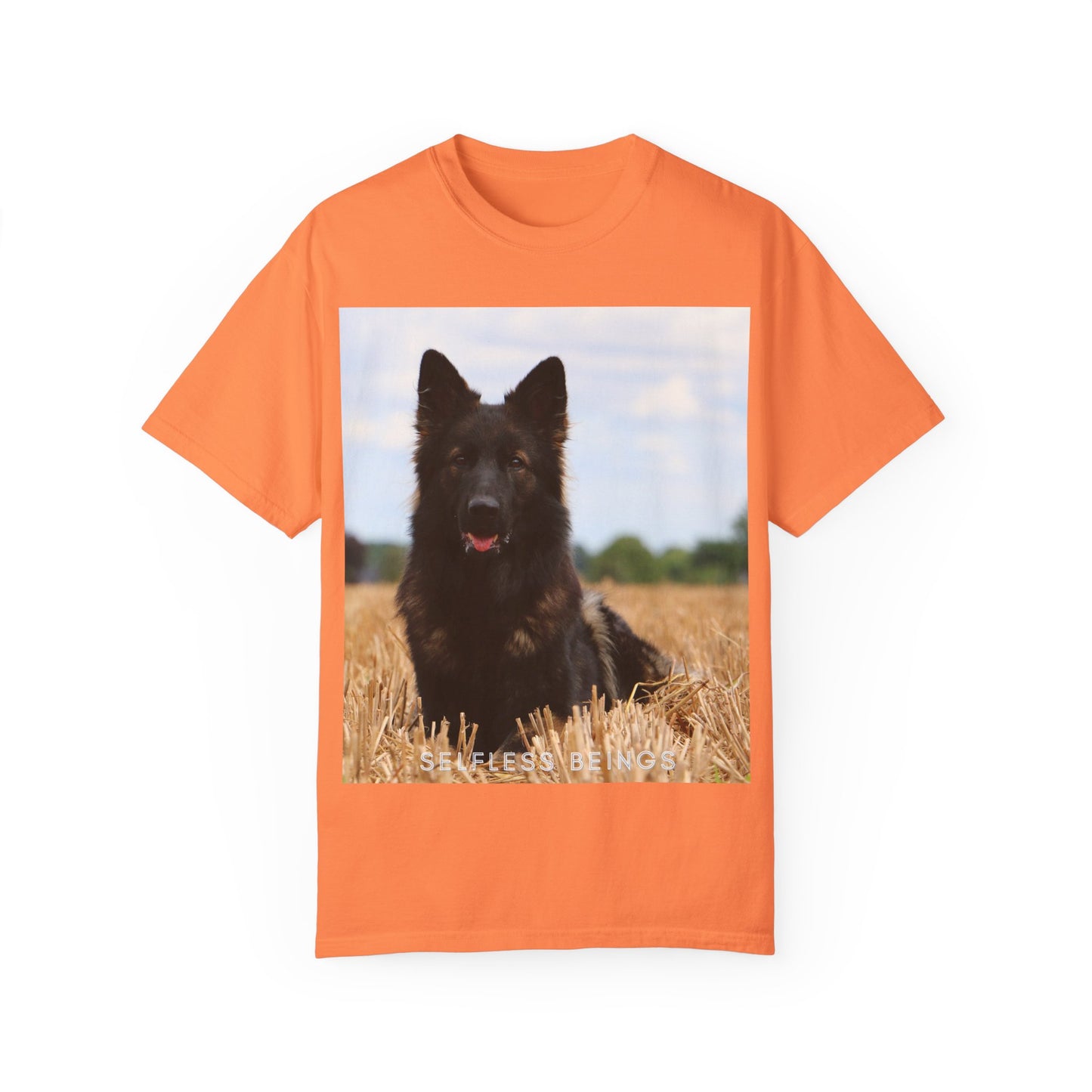 Unisex Dog Lover T-Shirt With Beautiful German Shepherd Sitting Over a Stover and Caption Selfless Beings