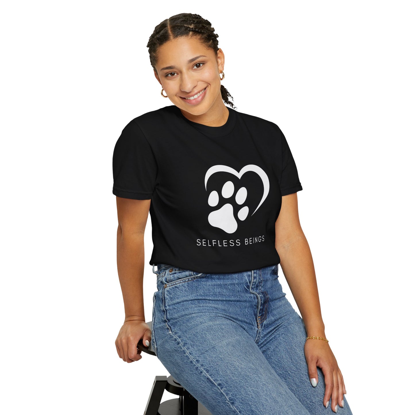 Unisex Dog Lover T-Shirt With Graphic of Half Heart and Dog Paw Print and Caption Selfless Beings Below