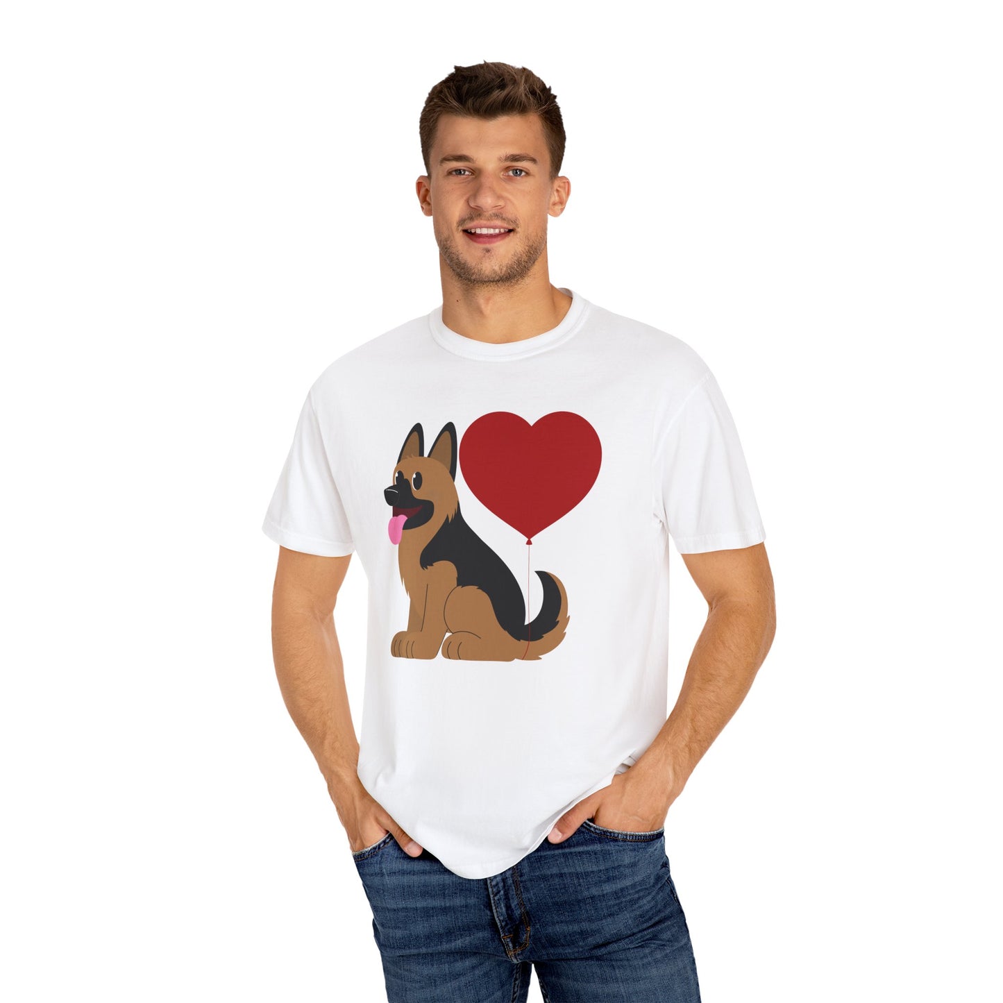Unisex Dog Lover T-Shirt With a Graphic of German Shepherd Puppy and Heart Shaped Balloon Attached With Tail