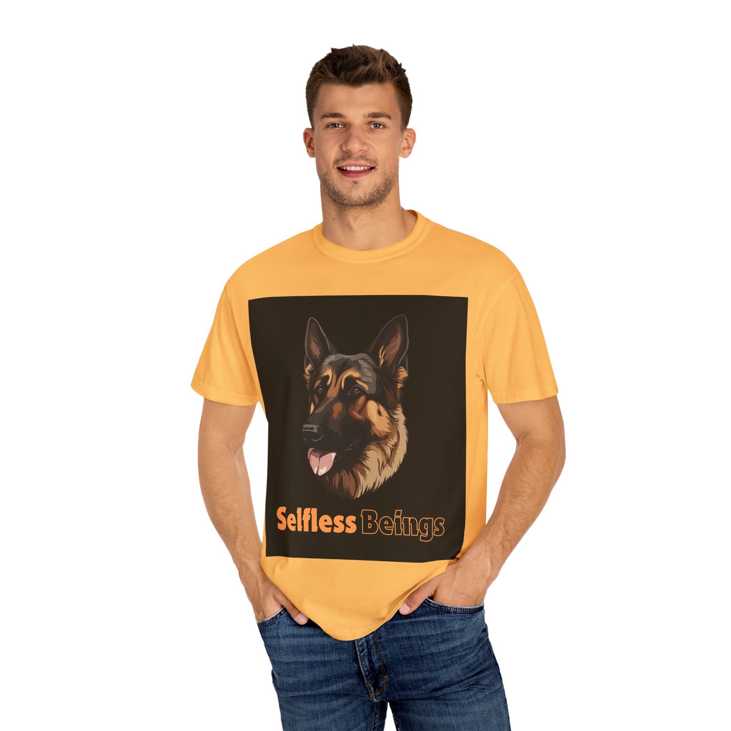 Unisex Dog Lover T-Shirt With Close Up Graphic of German Shepherd and Caption Selfless Beings is Written with Text Effect in Light Orange