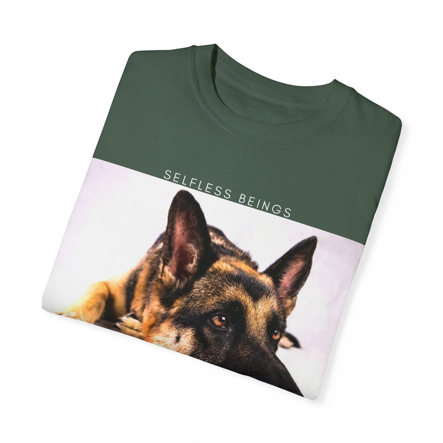 Unisex Dog Lover T-Shirt With Close Up of Bored German Shepherd Laying His Head On the Floor and Caption Selfless Beings