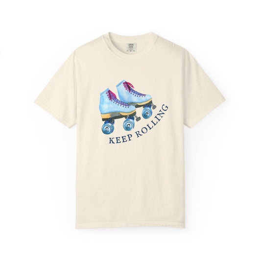 Keep Rolling Retro Roller Skates Tee, Vintage Skate T-shirt, Unisex Garment-Dyed Shirt, Fun Gift for Skating Lovers, Summer Apparel