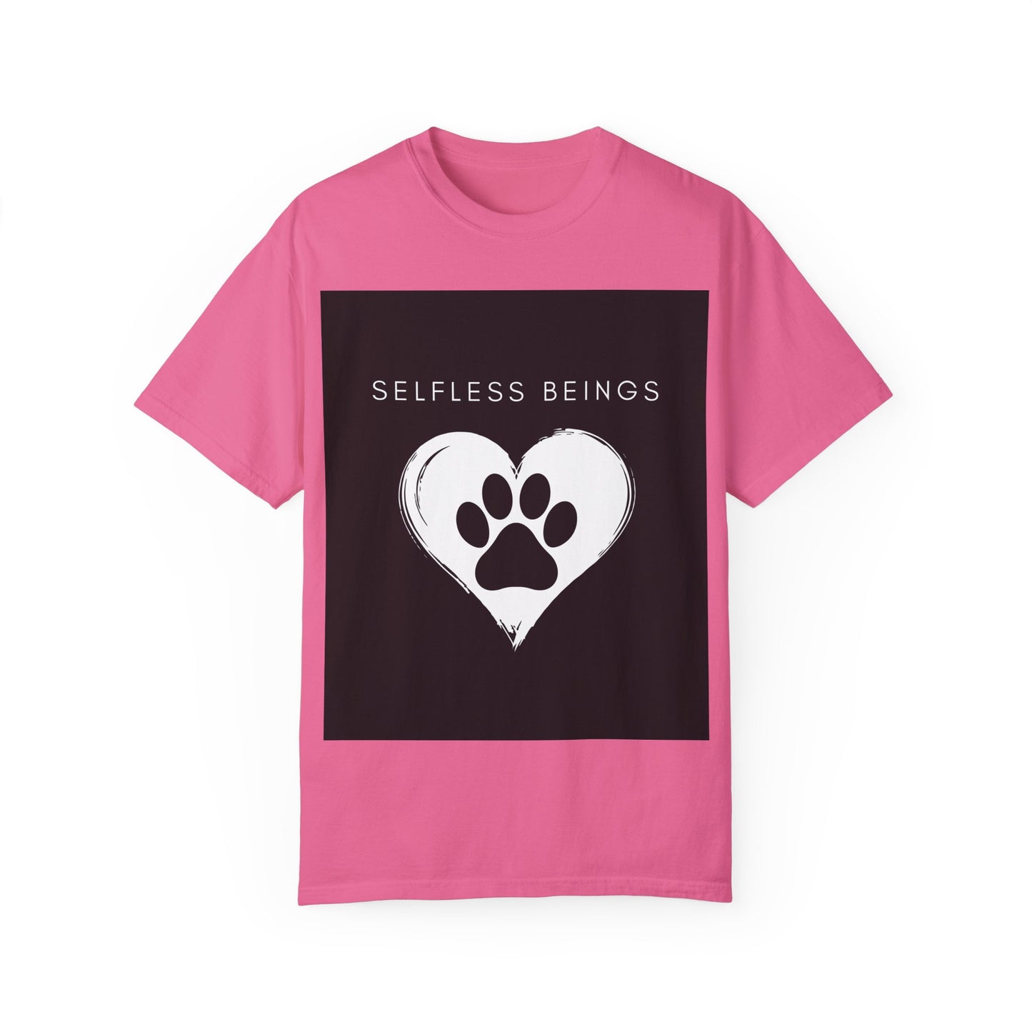 Unisex Dog Lover T-Shirt With Black Paw Print of a Dog Inside a White Heart and Caption Selfless Beings