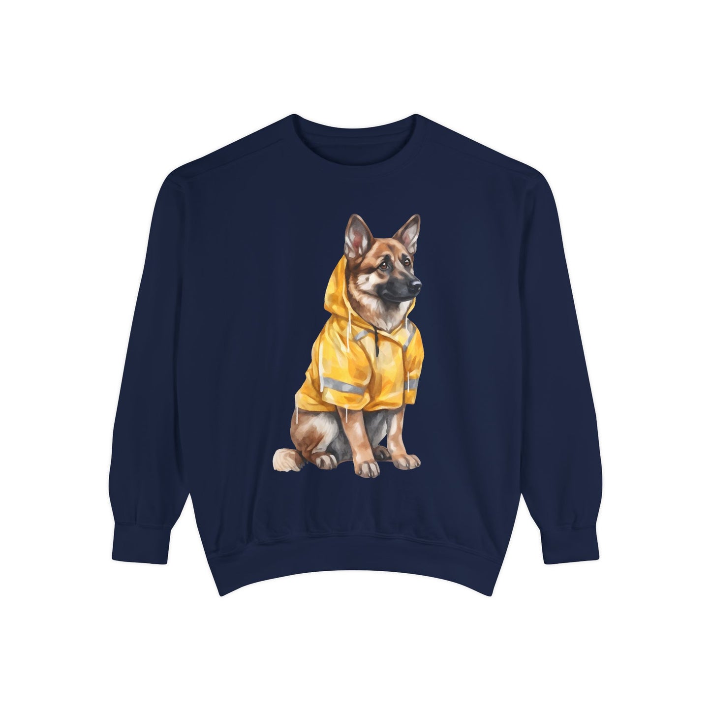 Unisex Dog Lover Sweatshirt With a Graphic of German Shepherd Wearing a Yellow Rain Coat