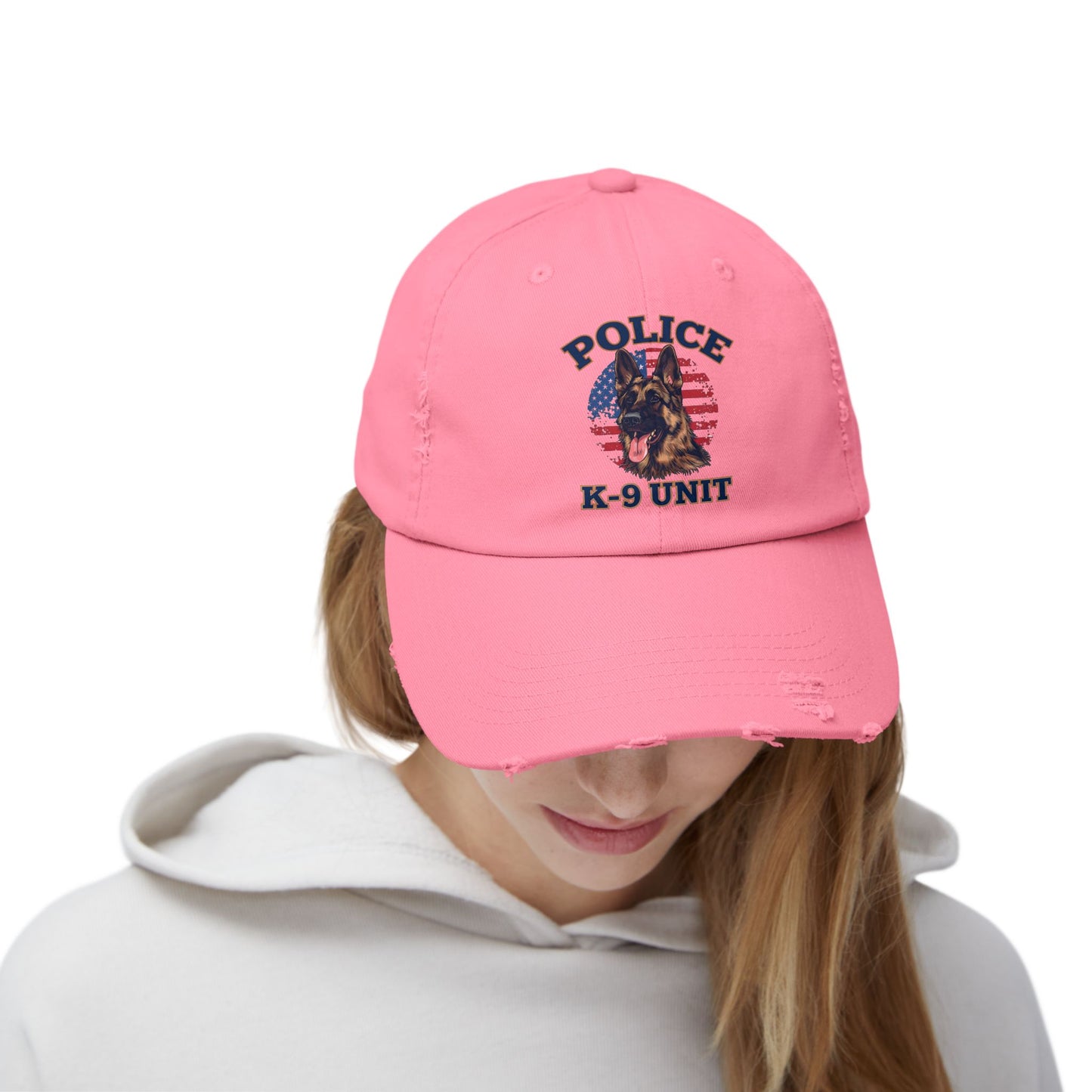 Patriotic Police K-9 Unit Cap Featuring German Shepherd, Vintage Distressed Style Hat