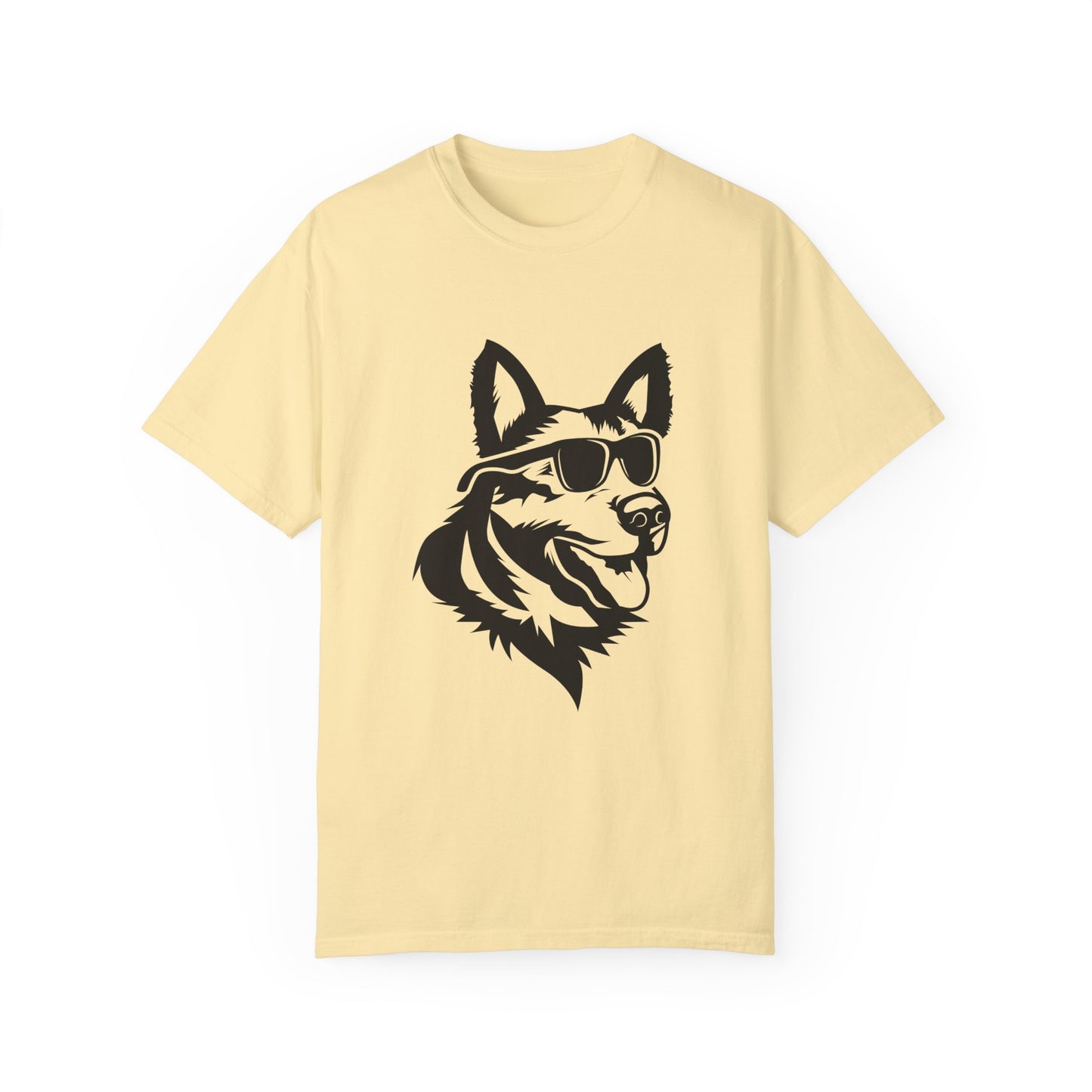 Unisex Dog Lover T-Shirt With a Graphic of Close Up Faced German Shepherd Wearing Black Glasses