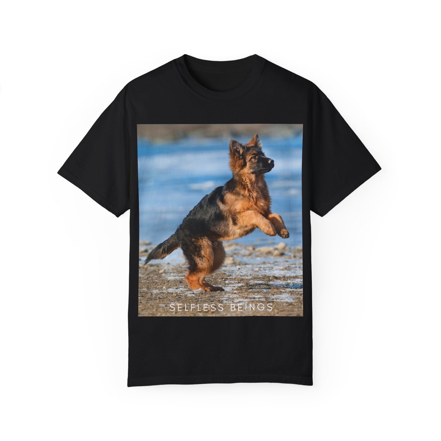 Unisex Dog Lover T-Shirt With Gorgeous German Shepherd Puppy Standing on Back Legs at Seashore and Caption Selfless Beings