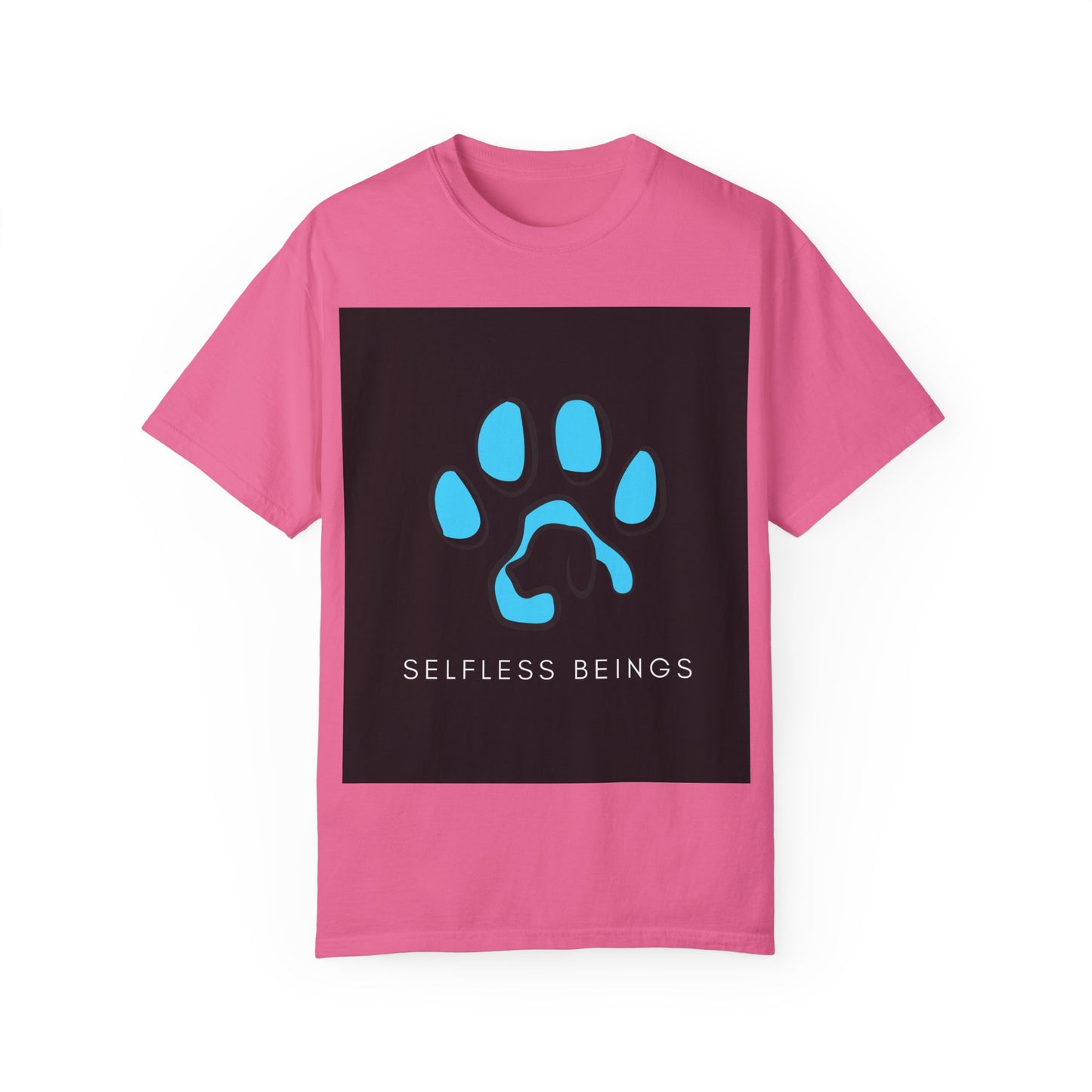 Unisex Dog Lover T-Shirt With Graphic of Blue Colored Dog Paw's Print Whose Metacarpal Contains a Design of Black Dog and Caption Selfless Beings Below
