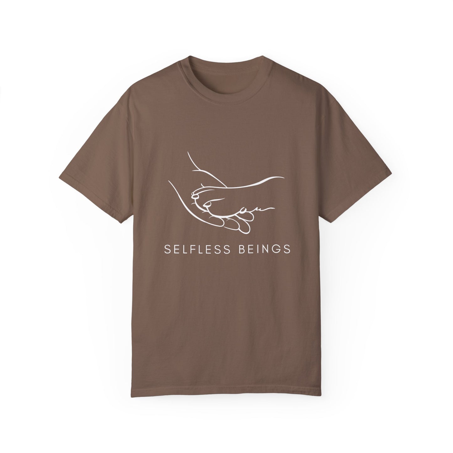 Unisex Dog Lover T-Shirt With Illustration of Dog Paw on Human Hand and Caption Selfless Beings Below