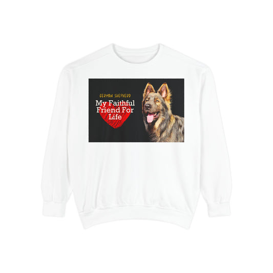 Unisex Dog Lover Sweatshirt With a Giant Old-Fashioned German Shepherd and Caption Faithful Friend on Top of Red Heart