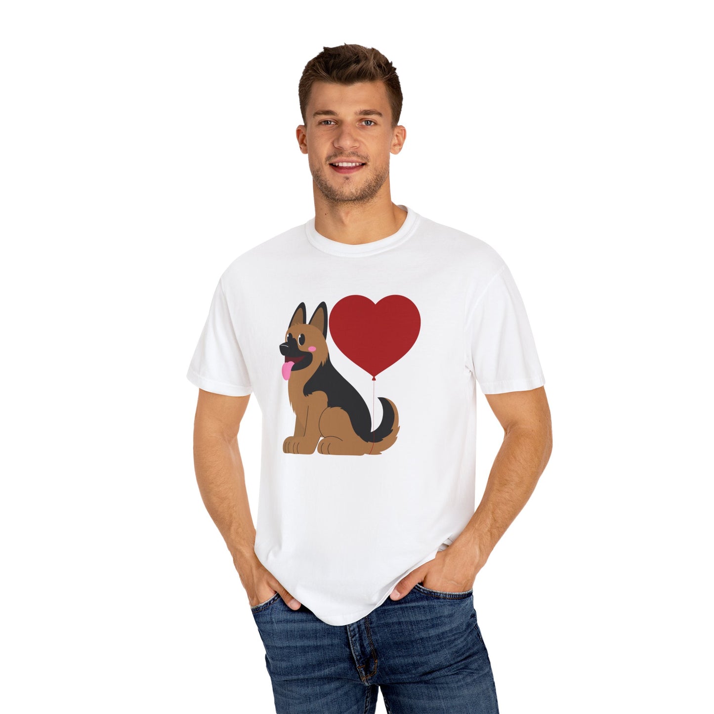 Unisex Dog Lover T-Shirt With a Graphic of German Shepherd Puppy and Heart Shaped Balloon Attached With Tail