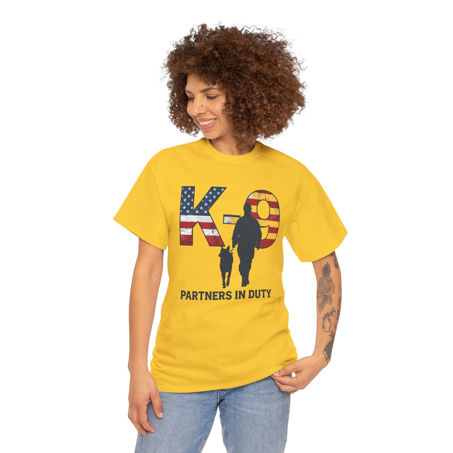 Patriotic K-9 T-Shirt - Partners in Duty Tee | Unisex Heavy Cotton Tee for Dog Lovers, Military Support, Gifts for Dog Handlers