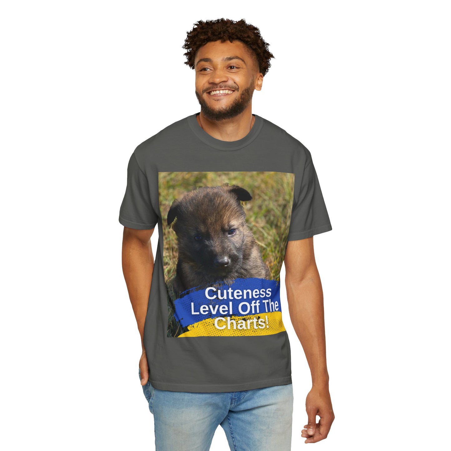 Unisex Dog Lover T-Shirt Featuring a German Shepherd Puppy and Caption Cuteness Level Off The Charts