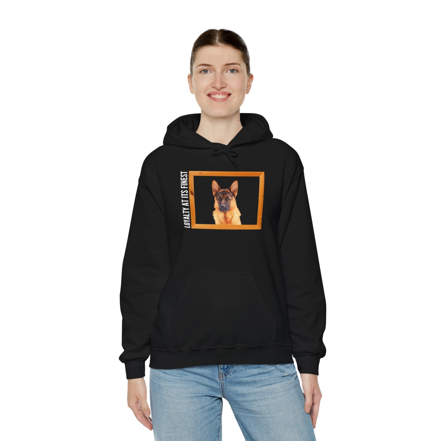 Unisex Dog Lover Hoodie With a German Shepherd's Head Inside a Wooden Frame and Caption Loyalty at its Finest