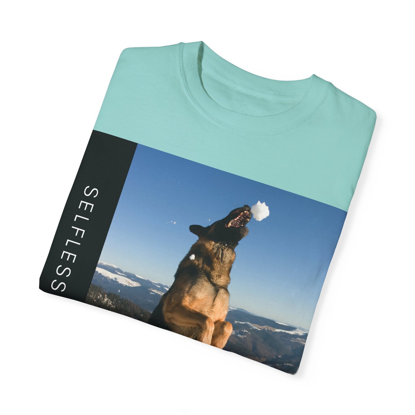 Unisex Dog Lover T-Shirt With a German Shepherd Jumps Upward to Catch a Small Snowball With Mouth and Caption Selfless Beings