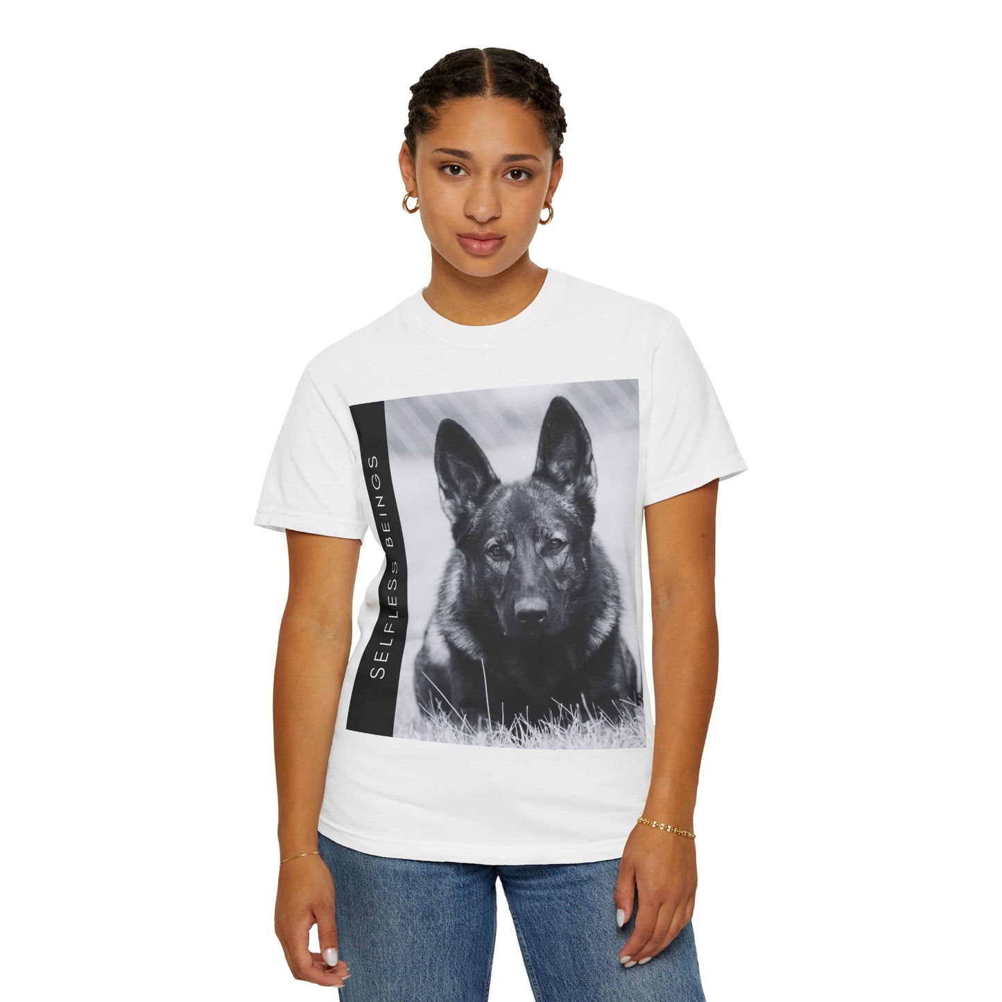 Unisex Dog Lover T-Shirt With a Working Line German Shepherd Resting on the Grass and Caption Selfless Beings
