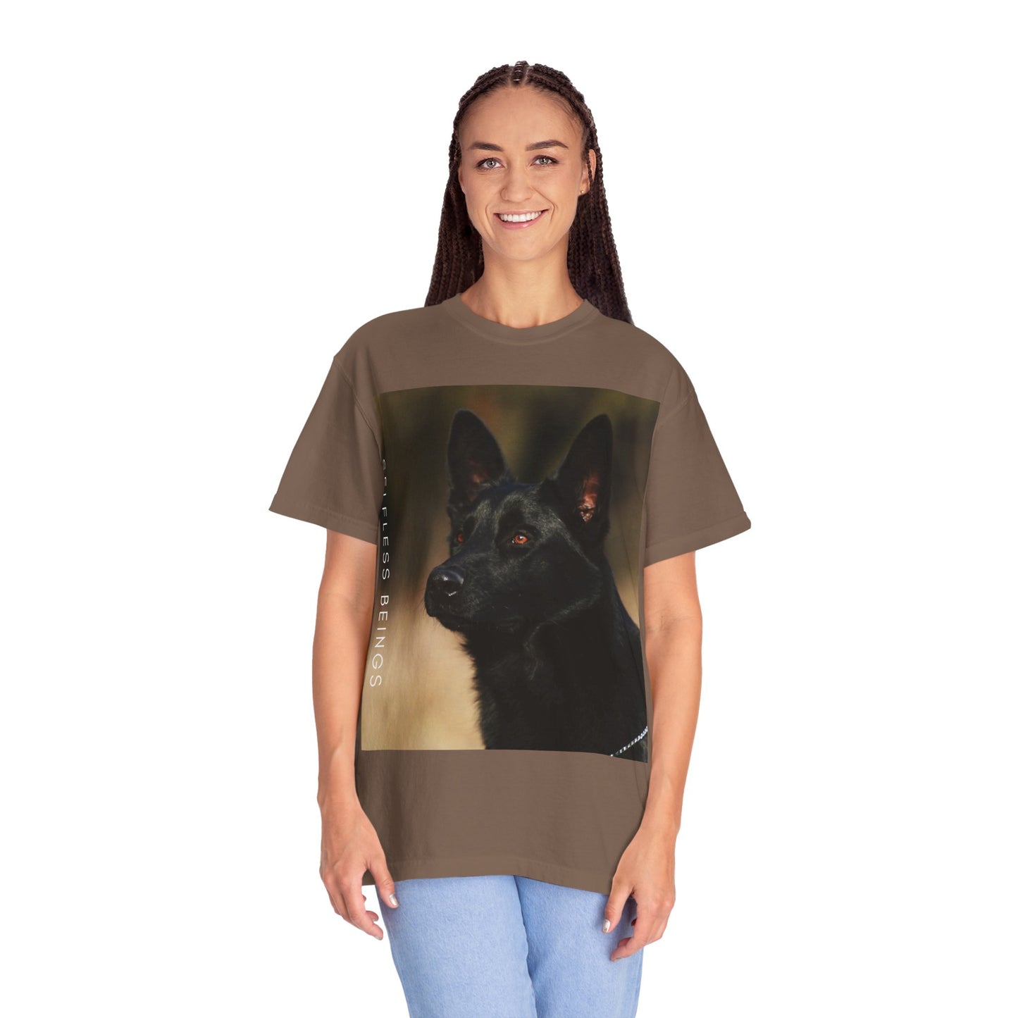 Unisex Dog Lover T-Shirt With Close Up of Serious Looking Solid Black German Shepherd and Caption Selfless Beings