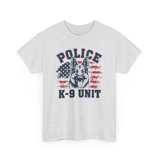 Patriotic Police K-9 Unit T-Shirt With American Flag in Background, Unisex Heavy Cotton Tee