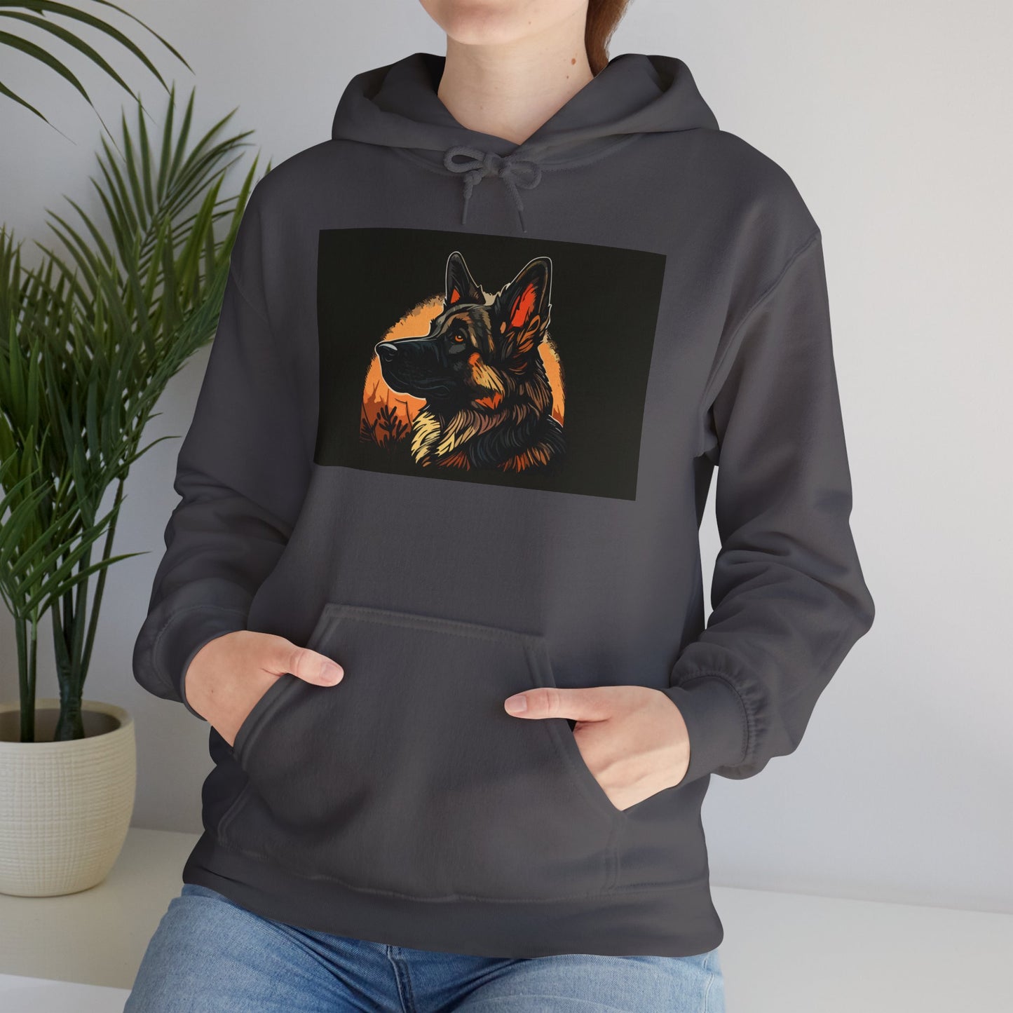 Unisex Dog Lover Hoodie With a Close Up Graphic of a German Shepherd In Front of Moon