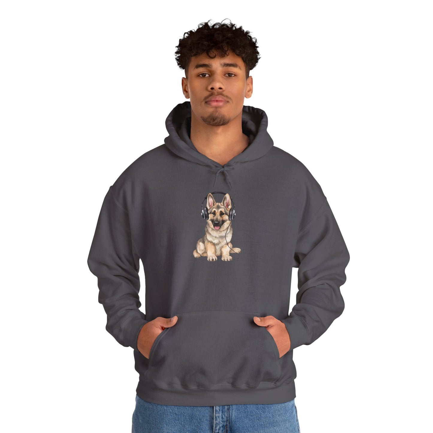 Unisex Dog Lover Hoodie With a German Shepherd Wearing Headphones Enjoying Music