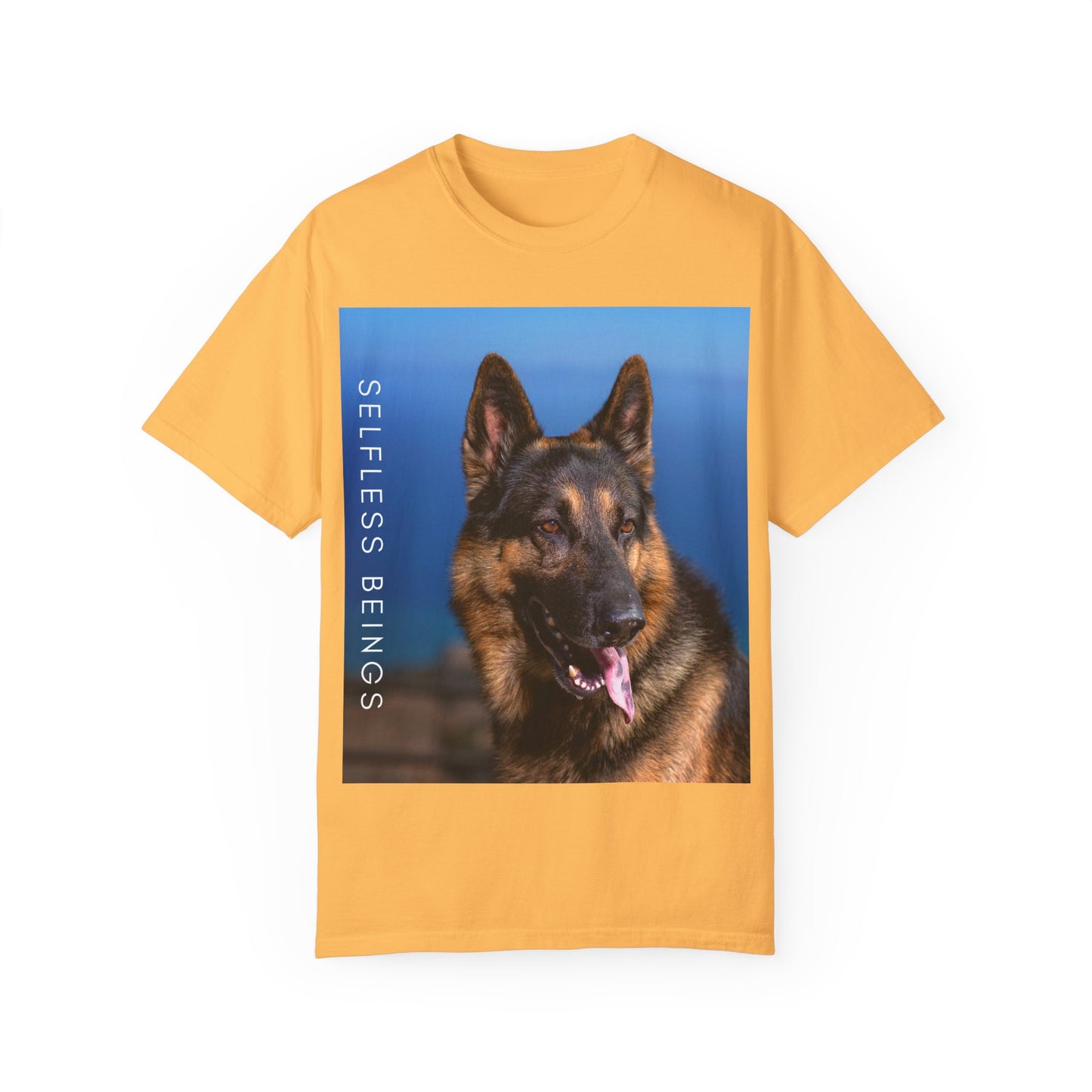 Unisex Dog Lover T-Shirt With Close Up of German Shepherd, Blue Sea in the Background and Caption Selfless Beings