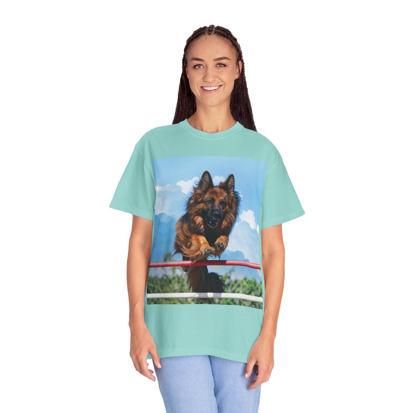 Unisex Dog Lovers T-Shirt Featuring a German Shepherd Jumping An Agility Fence