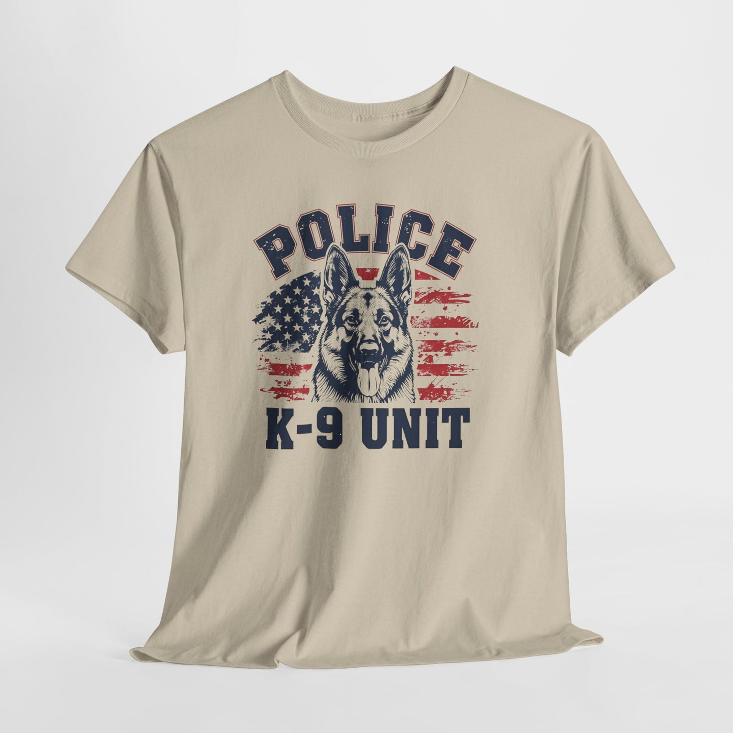 Patriotic Police K-9 Unit T-Shirt With American Flag in Background, Unisex Heavy Cotton Tee