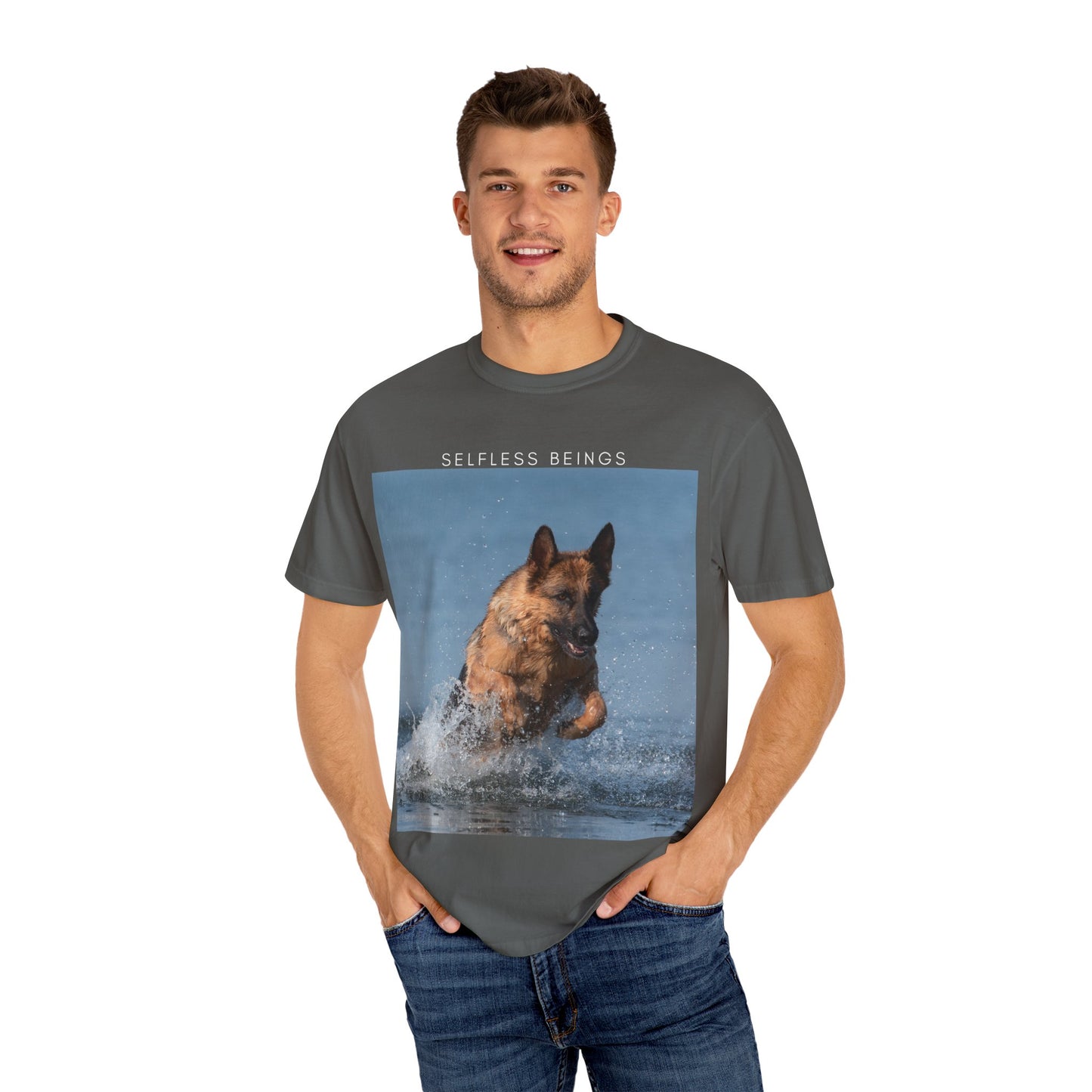 Unisex Dog Lover T-Shirt With Showline German Shepherd Swimming in the Sea and Caption Selfless Beings on Top
