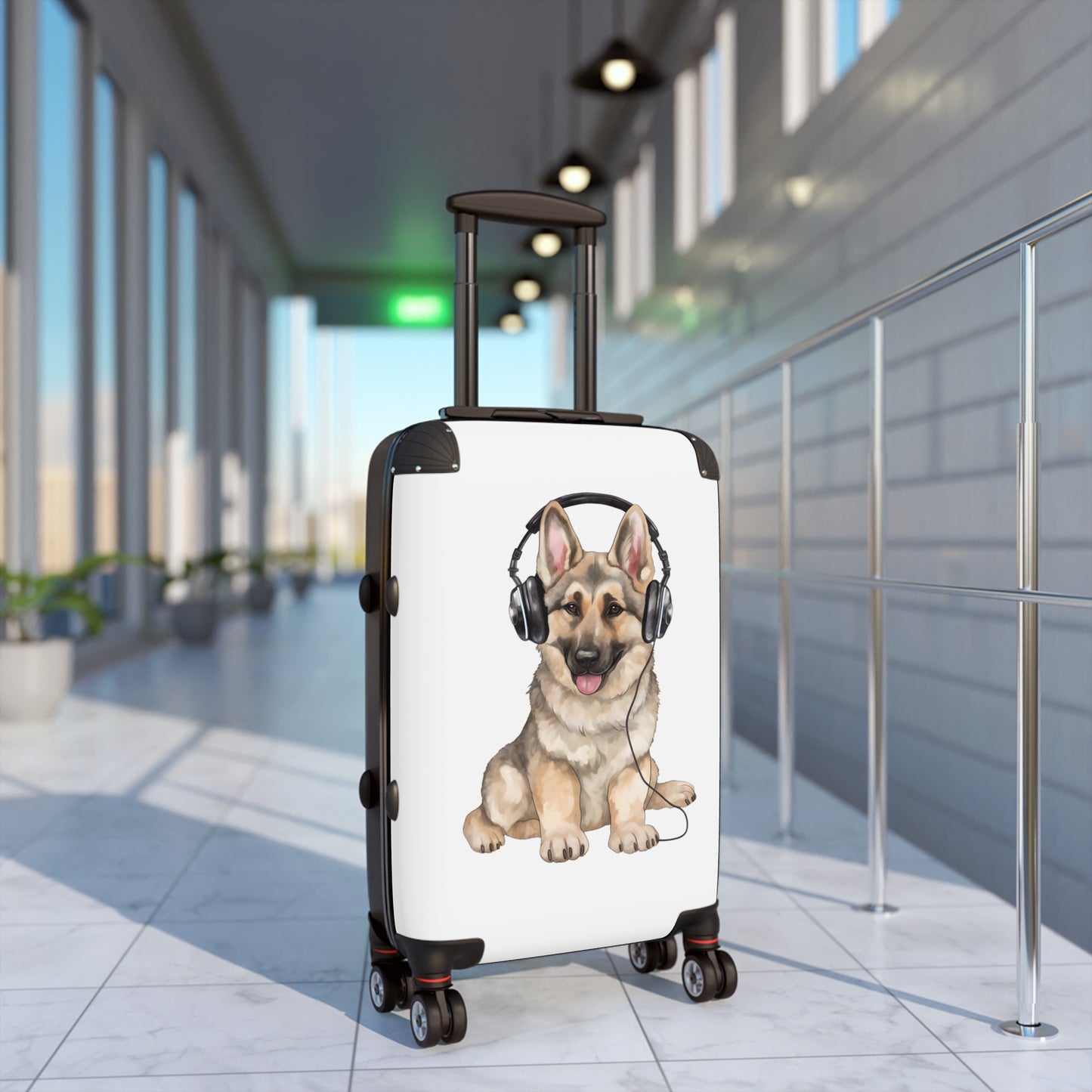Travel Suitcase Featuring Graphic of German Shepherd Wearing Headphones Enjoying Music