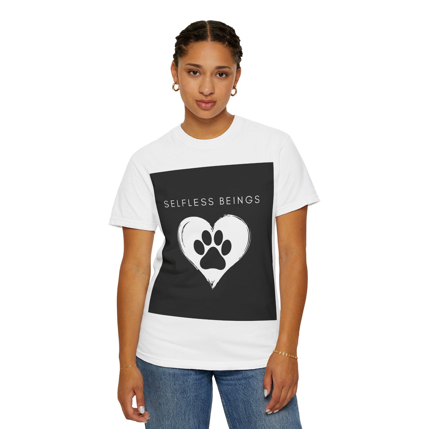 Unisex Dog Lover T-Shirt With Black Paw Print of a Dog Inside a White Heart and Caption Selfless Beings