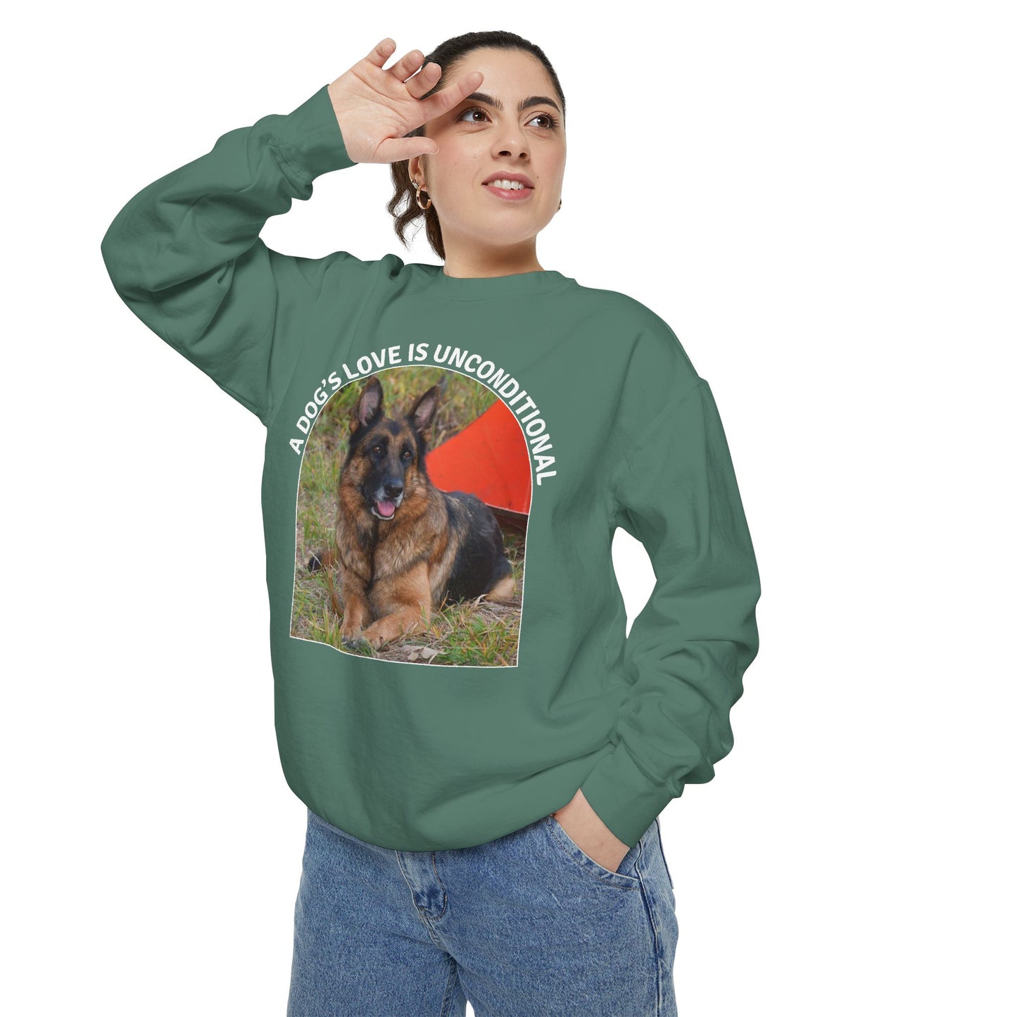 Unisex Dog Lover Sweatshirt With a German Shepherd and Caption Dog's Love is Unconditional