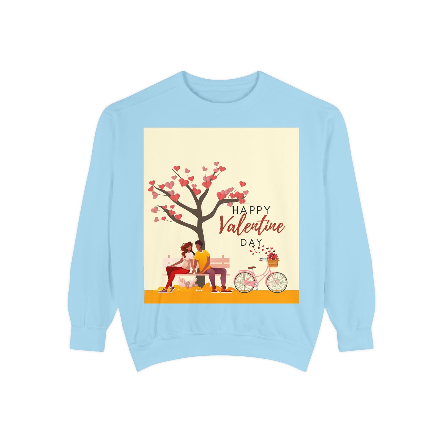 Unisex Valentine's Day Sweatshirt With Art Showing Couple Sitting on a Bench Under the Tree and Caption Happy Valentine's Day