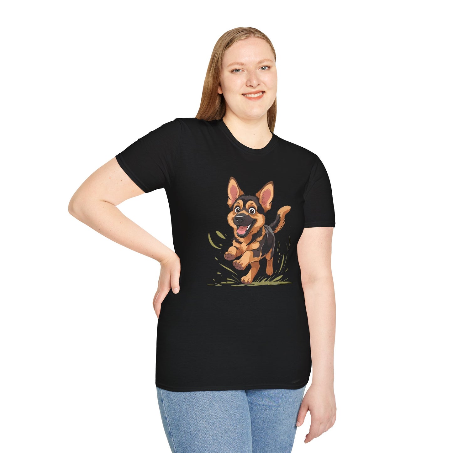 Cute Playing Puppy Graphic Unisex Softstyle T-Shirt, Dog Lover Gift, Casual Wear, Animal Theme Shirt, Perfect for Birthdays, Pet Owners