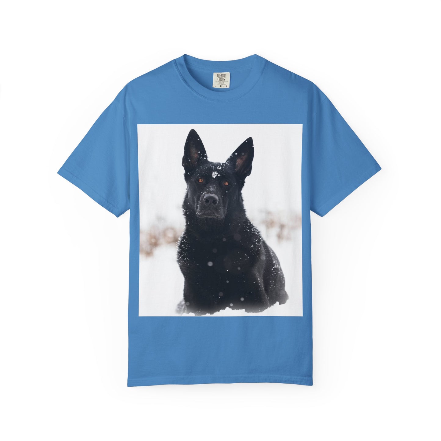 Unisex Dog Lover T-Shirt Featuring a Giant Black Working Line German Shepherd in the Snow