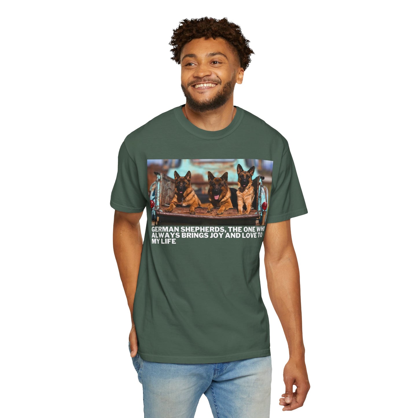 Unisex Dog Lover T-Shirt With Three German Shepherds Lying on the Truck's Cargo Bed in a Row and Caption The One Who Always Brings Joy and Love to My Love