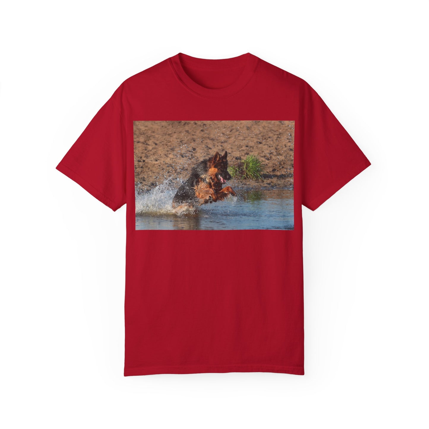 Unisex Dog Lover T-Shirt With Giant German Shepherd Jumps in the River