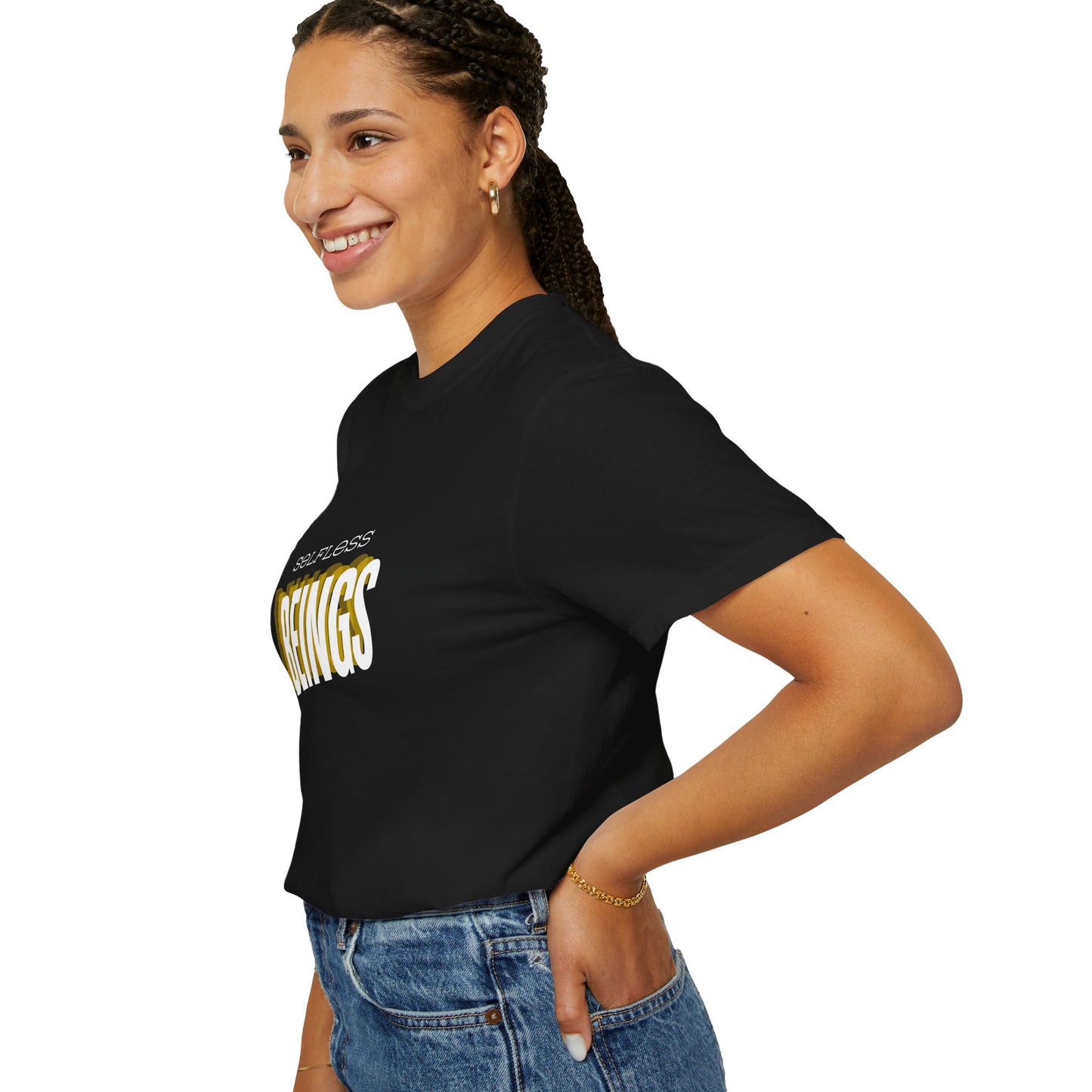 Unisex Dog Lover T-Shirt With Text "Selfless Beings" Designed Using Dark Yellow, Light Yellow and White Colors
