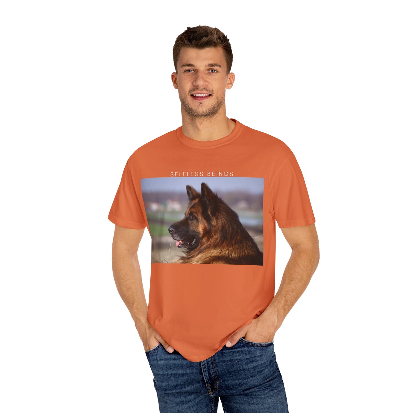 Unisex Dog Lover T-Shirt With Giant Long Coat German Shepherd Looking Straight and Caption Selfless Beings
