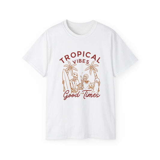 Tropical Vibes Unisex Cotton Tee, Fun Summer Shirt, Vacation Outfit, Beach Party Apparel, Good Times Graphic Tee
